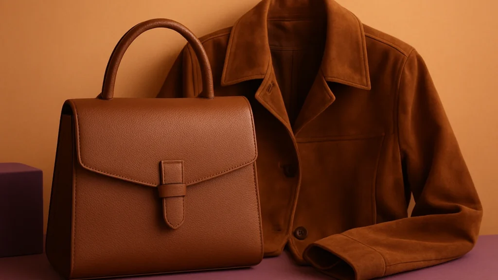 Tan leather handbag paired with a warm suede jacket