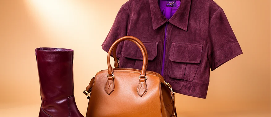 Burgundy boots, a structured tan leather bag, and a suede jacket in an editorial still life
